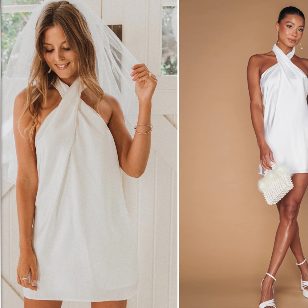 EUC Show Me Your MuMu White Satin Halter Jasmin Mini Dress | Small